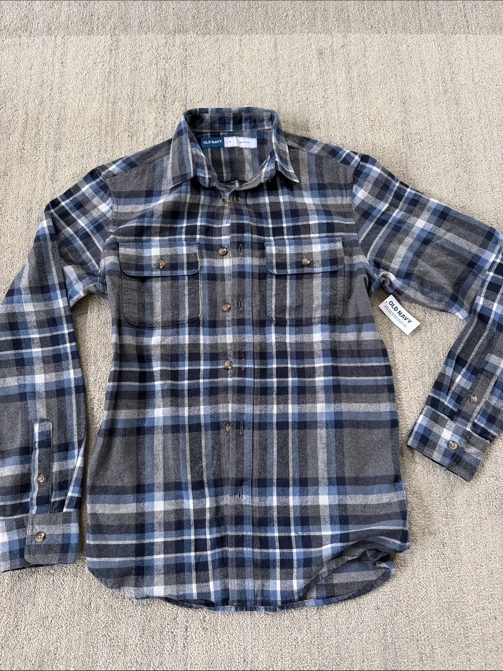 New NWT Old Navy Gray and Blue Plaid Button-Up Shirt sz Small